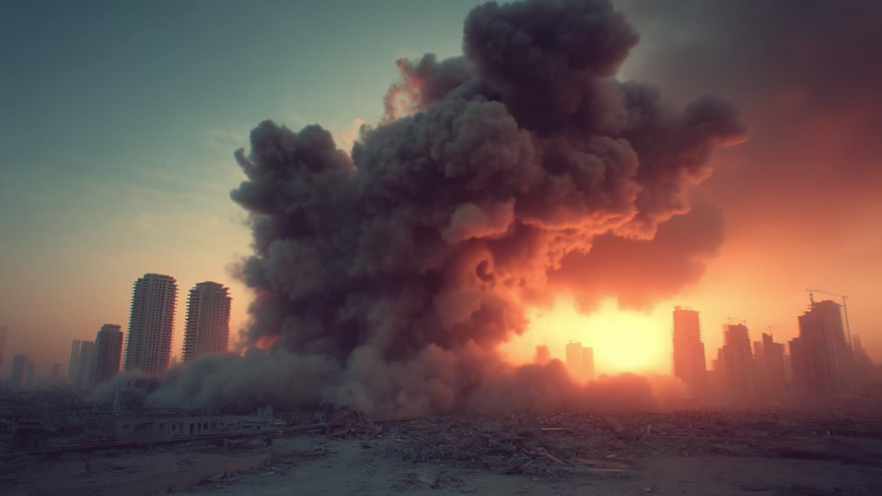 Distruzione Drammatica: Un'immagine mozzafiato di un'esplosione catastrofica che sprigiona polvere e fumo contro un tramonto infuocato su rovine urbane.