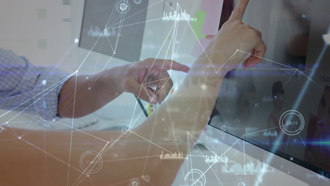 바탕에 연결된 웹을 통해 책상 에 앉아있는 커플의 애니메이션입니다.