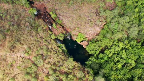 Vista-Aérea-De-Arriba-Hacia-Abajo-De-Las-Cataratas-De-Florencia-Y-Los-Matorrales-Circundantes-En-El-Parque-Nacional-Litchfield,-Nt---Australia