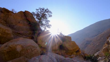 Beautiful-early-morning-sunlight-over-mountainous-desert-landscape-in-the-remote-wilderness-countryside-of-Jordan,-Middle-East