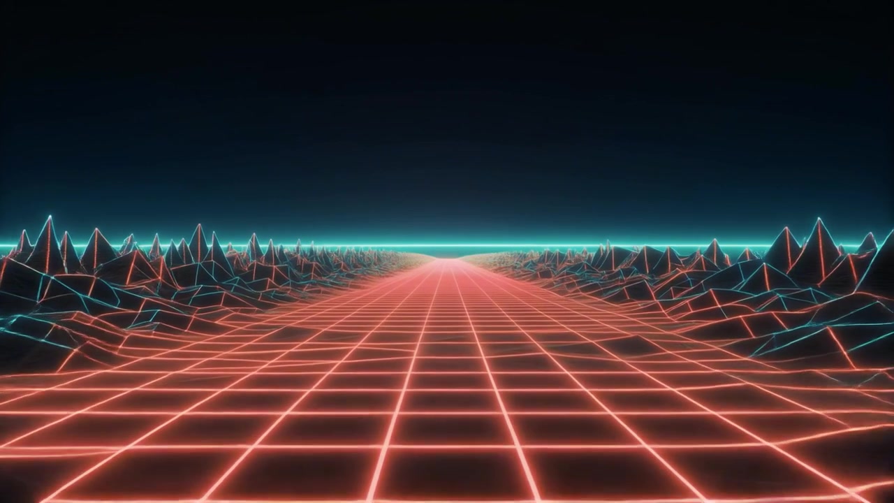 Paesaggio digitale in stile synthwave retrò con griglia luminosa