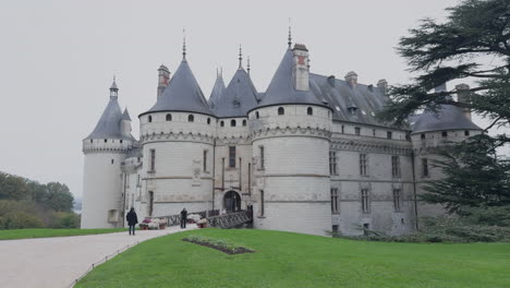 chaumont-sur-loire castle with scenic turrets and greenery on a cloudy day