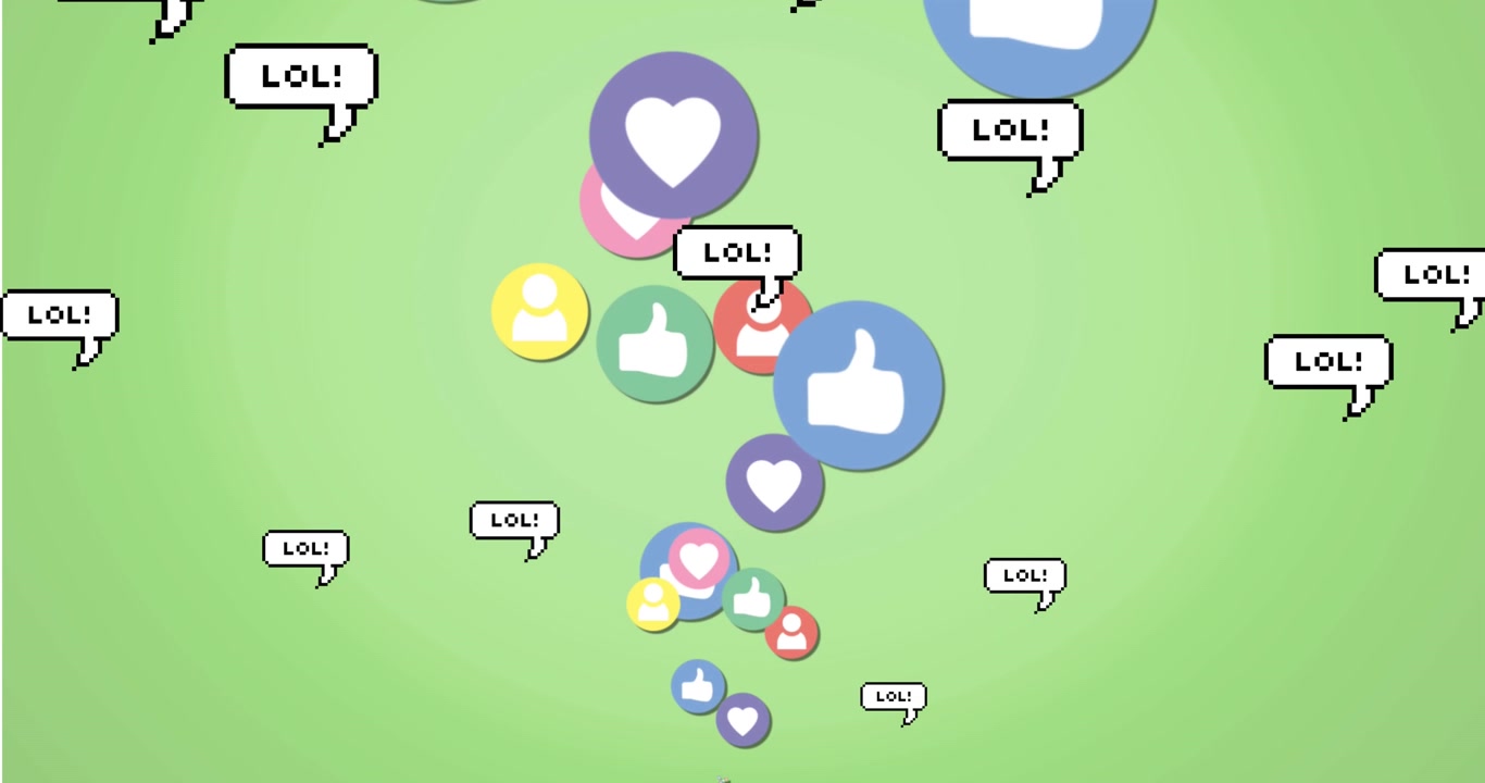 Animazione di icone di social media e banner di testo 'lol' che fluttuano su uno sfondo verde.