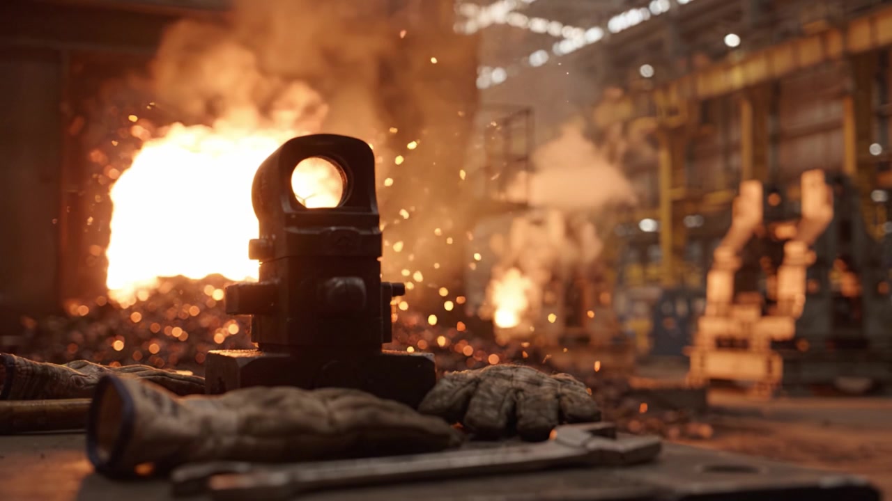 Scena industriale intensa: una vista ravvicinata di un processo di fabbricazione di metalli pesanti con fiamme di forgia incandescenti e attrezzi in un ambiente di fabbrica.