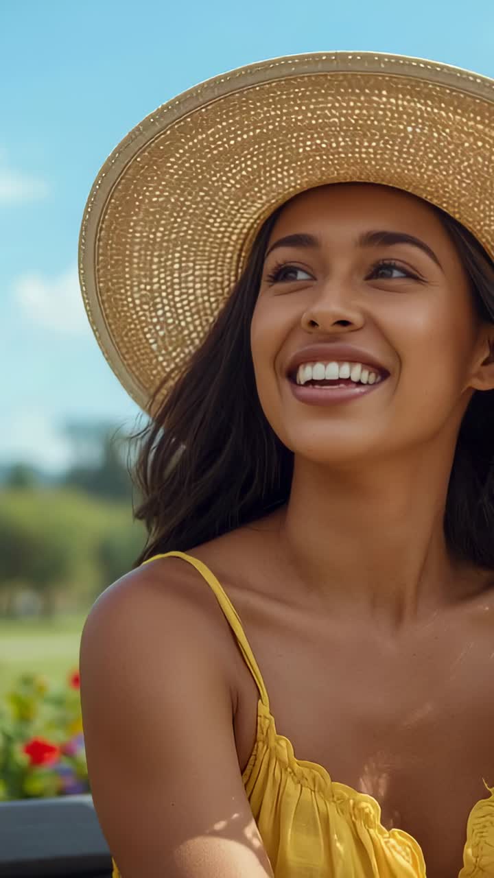 Vertical video: Smiling woman reacting to offcamera cue, laughing in park, straw hat, yellow dress