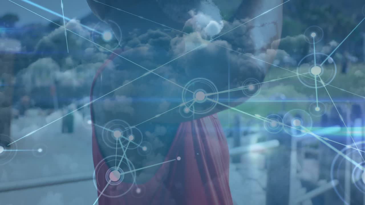 animación de una red de conexiones sobre un hombre mayor afroamericano en forma bebiendo agua al aire libre