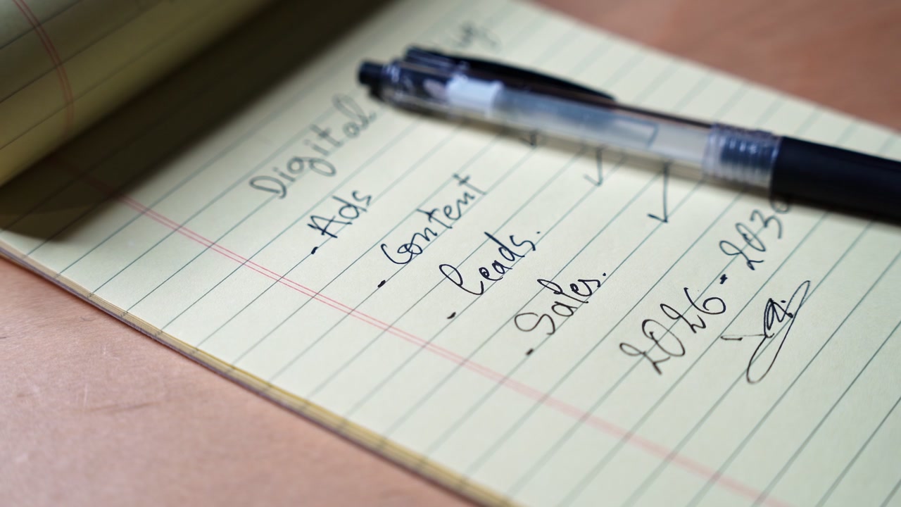 a person's hand using a black pen to write a 2026 to 2030 timeline on a digital marketing checklist. The yellow legal notepad rests on a wooden desk indoors under soft lighting.