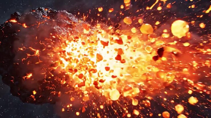 A spectacular cosmic explosion depicting a fiery asteroid breaking apart in space, releasing molten rock and vibrant orange flames, capturing the power of celestial phenomena.