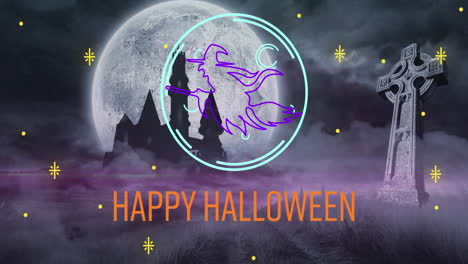 animación de texto feliz de halloween con bruja de neón en la escoba