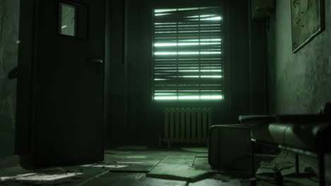 abandoned room with partially open shutters providing eerie green light