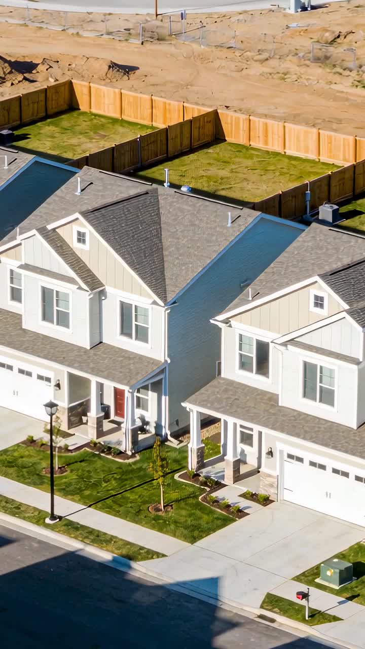 Video vertical: Panorámica de casas gemelas mostrando patios cercados y lotes baldíos en venta en un suburbio.