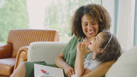 laughing mother and daughter sitting on sofa at home reading book together