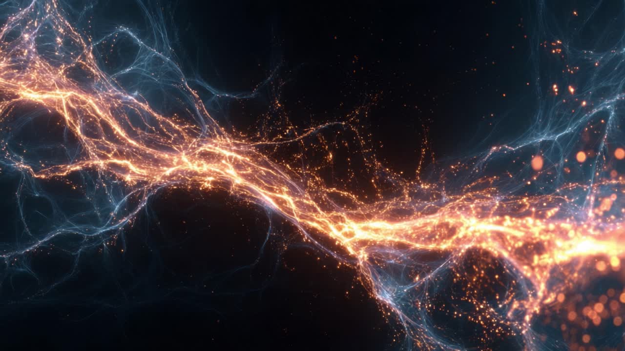 Orange and blue streams of glowing particles intertwining and flowing through dark space, creating a beautiful and dynamic abstract representation of energy transfer, data flow, or cosmic phenomena