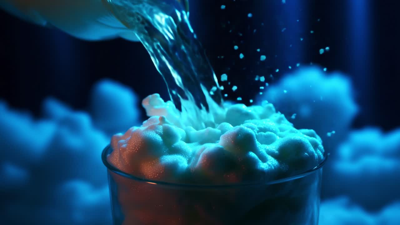 A mesmerizing view of water being poured into a glass filled with frothy bubbles, creating an enchanting visual display of effervescence and motion under atmospheric lighting effects of blue hues