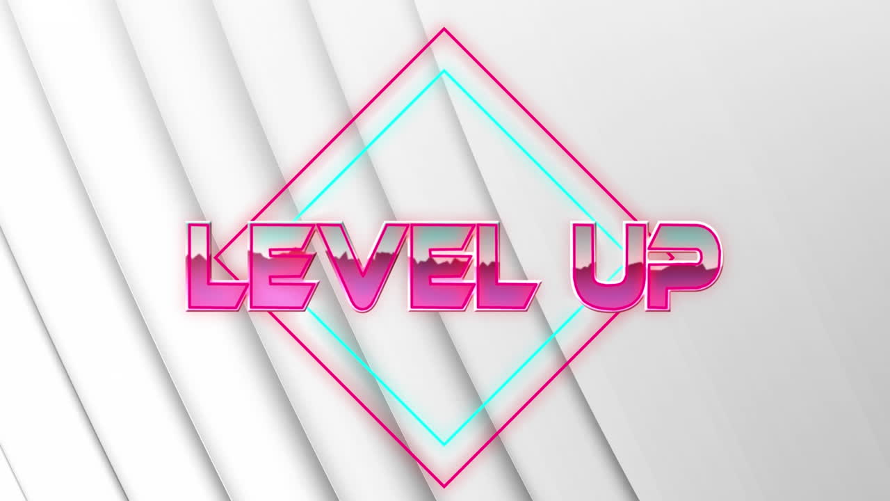 Animation of level up text in pink metallic letters over neon lines