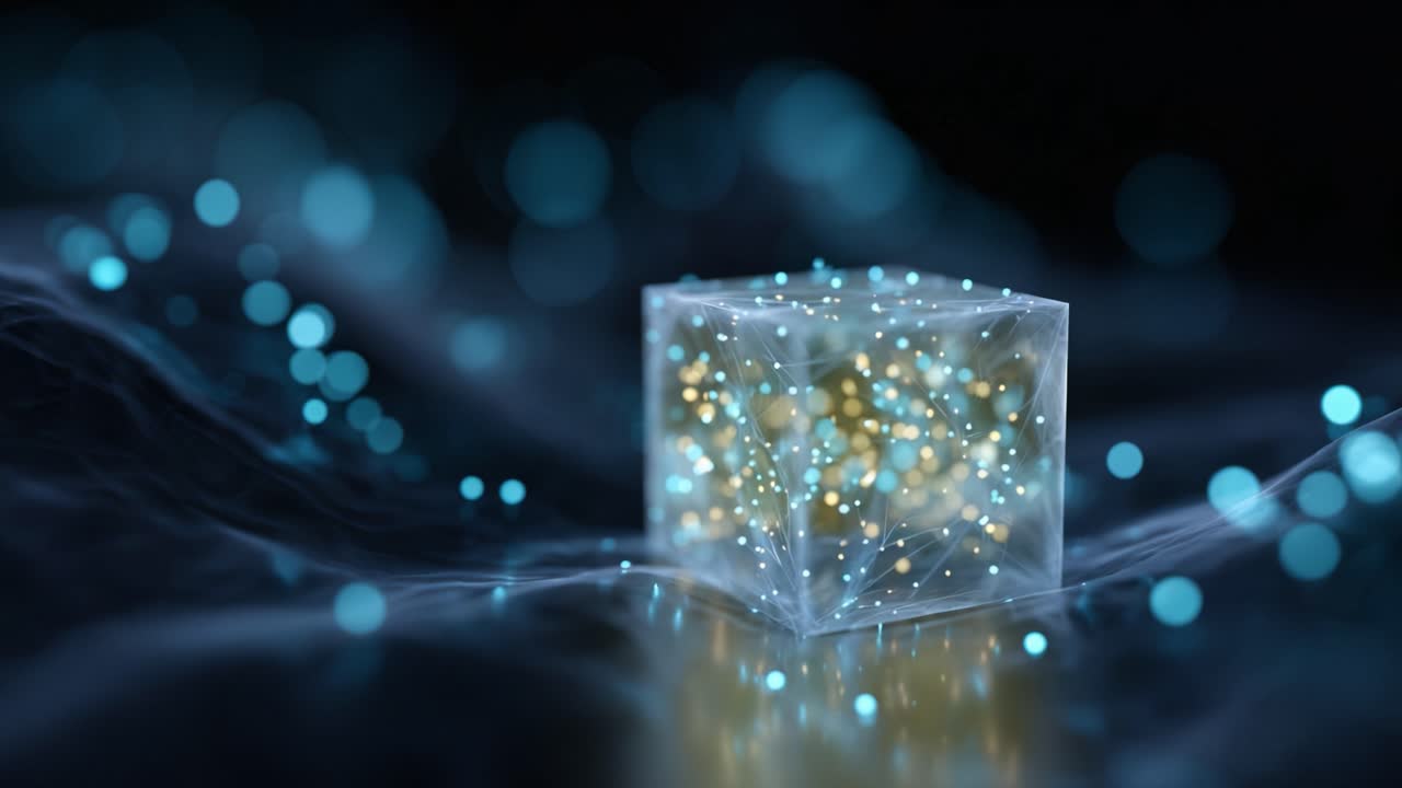 A mesmerizing, luminous cube surrounded by shimmering blue and gold particles on a dark, blurred background, showcasing intricate patterns in light and motion