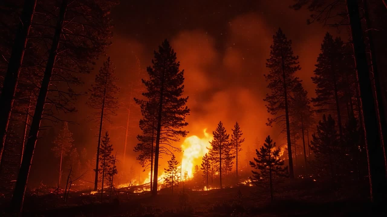 A Fiery Blaze Illuminates the Forest as Wildfire Engulfs the Trees, Creating a Dramatic Scene of Nature's Fury and Destruction in the Depths of the Wilderness