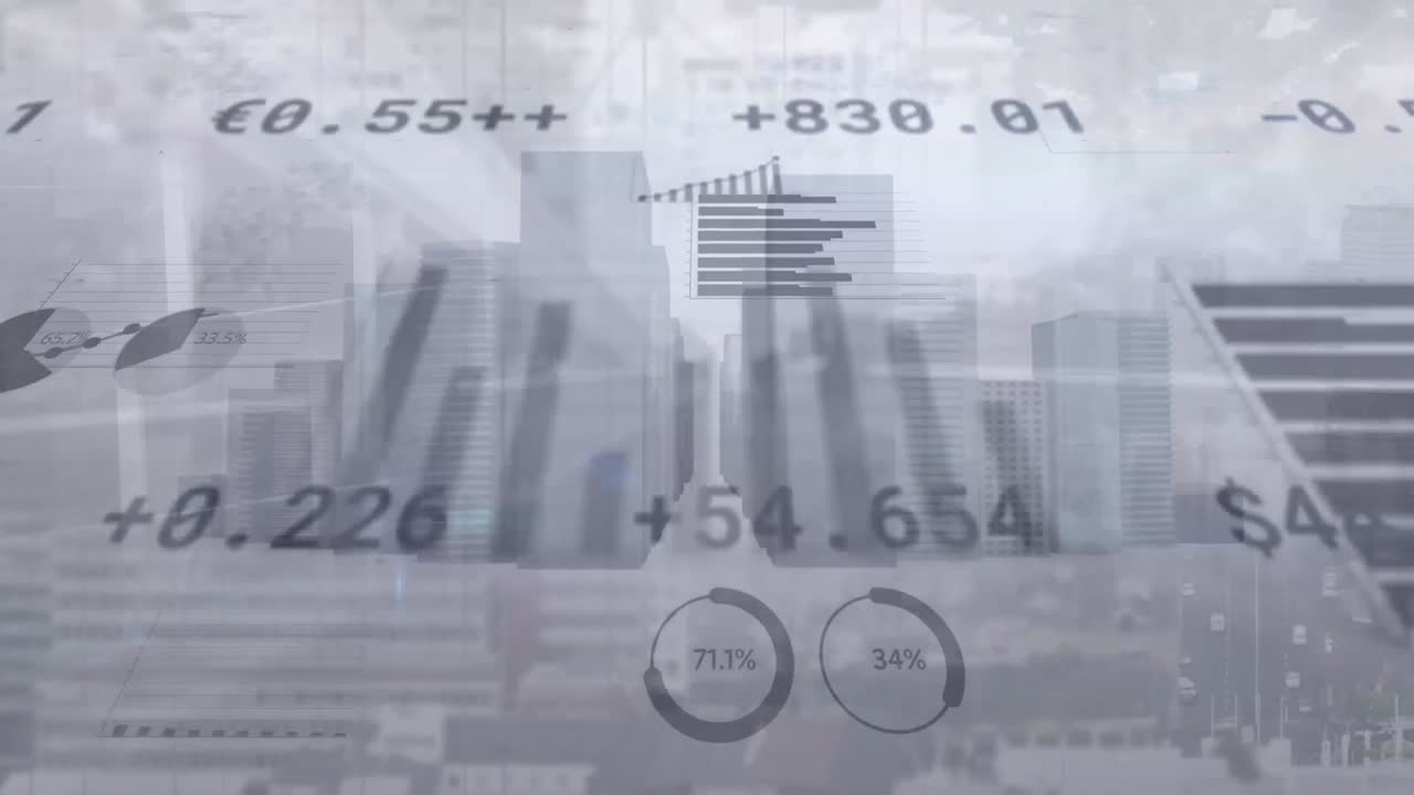 Animaatio taloustietojen käsittelystä kaupunkimaiseman yllä