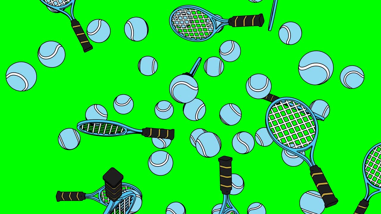 녹색 크로마 키 배경에 희미한 파란색 테니스 공과 테니스 라켓.