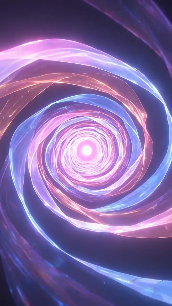 Vertical video: Starting turning spiral tunnel drawing inward in dark void, pulsing orb, color hues