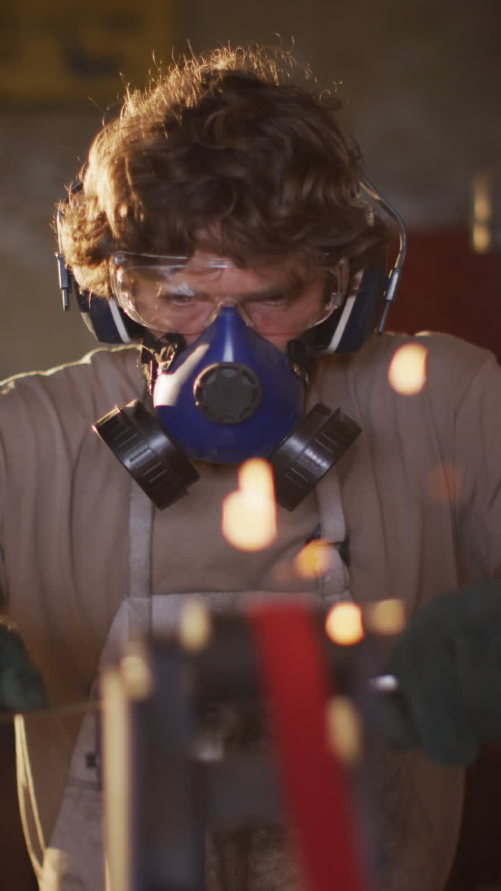 video vertical de un herrero caucásico con máscara y gafas de protección moliendo herramientas metálicas en el taller
