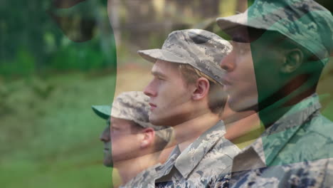 animation of flag of nigeria over soldiers