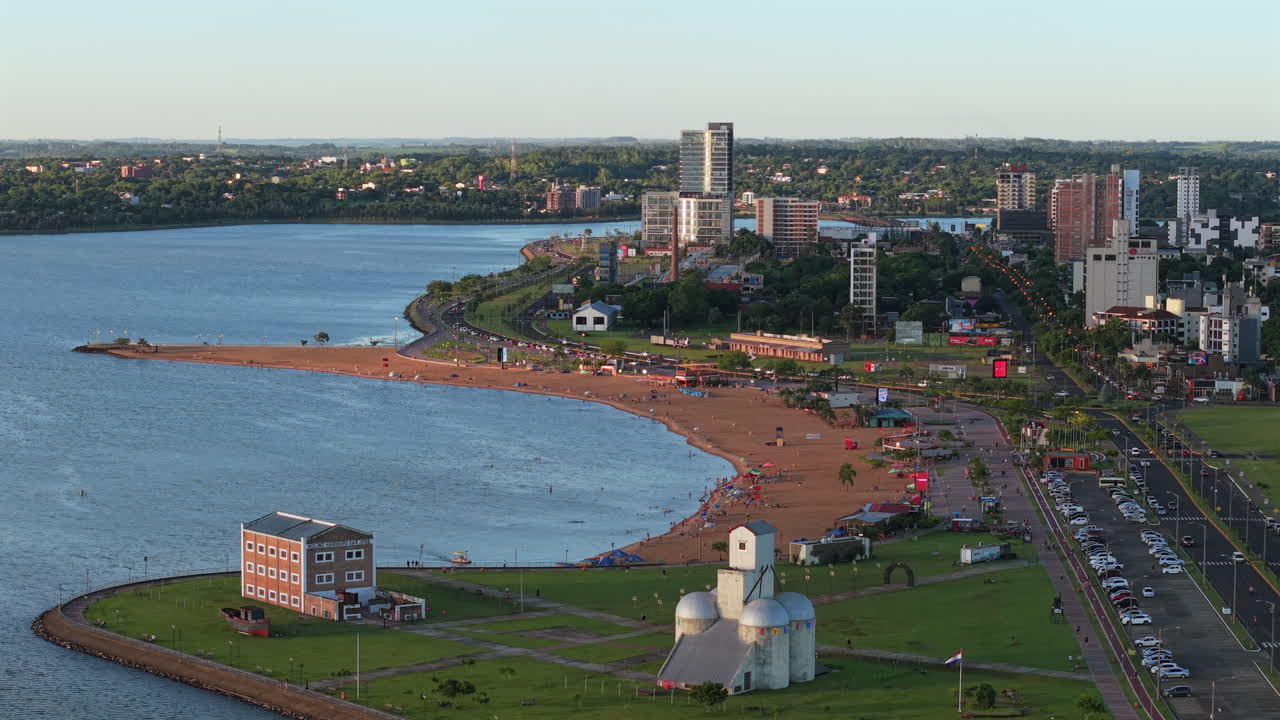San josé beach at Encarnación Paraguay, Aerial view of waterfront South American city border with Argentina