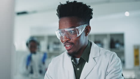 Black-man,-scientist-and-typing-with-data