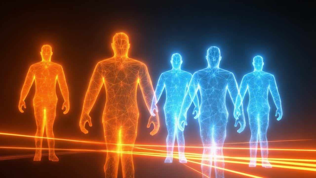 Dynamic Representation of Energy and Motion Featuring Stylized Figures in Fiery Orange and Cool Blue Hues on a Dark Background, Symbolizing Contrast and Movement Across a Virtual Landscape