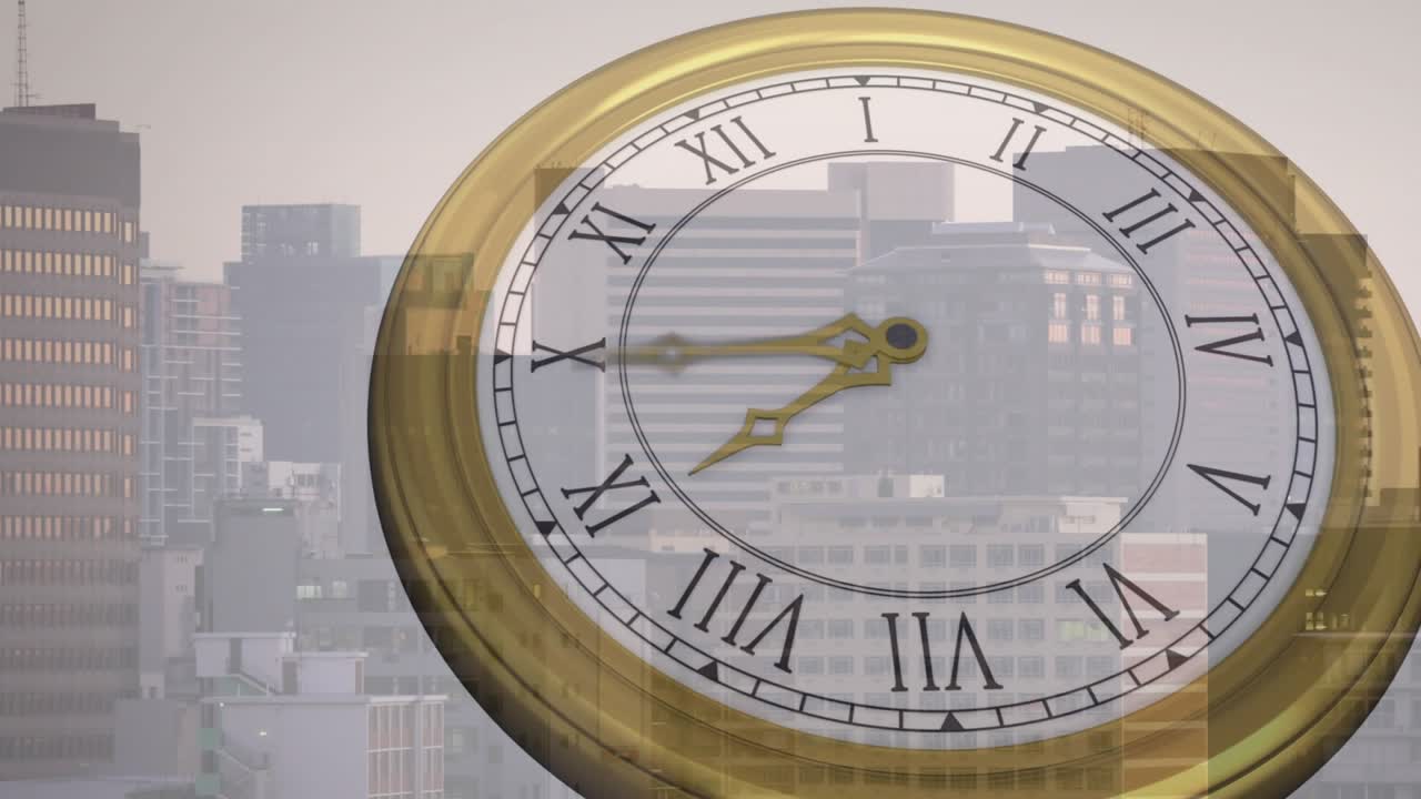 Ornate clock starting on frame one, faint dial over skyline, hands rotating showing time flow