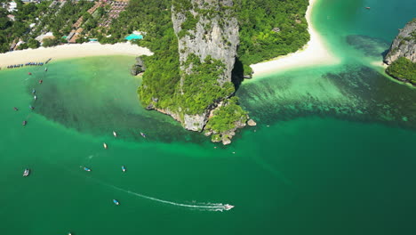 drone top view of railay beach whose beauty is like paradise in krabi, thailand