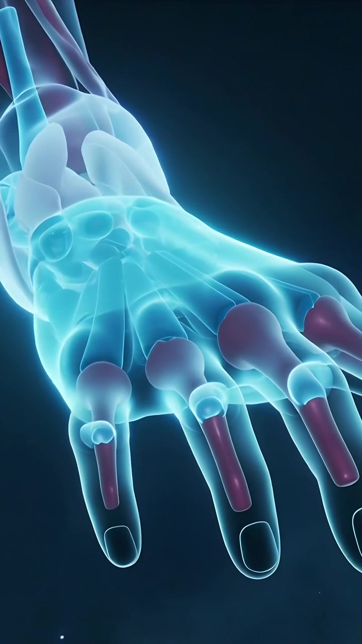 Vertical video: Rotating glowing hand model in dark void with pulsed light revealing joints