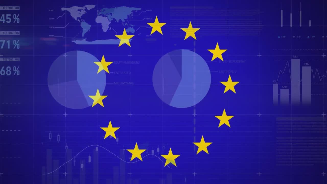 유럽 연합의  ⁇ 발의 별 위에 있는 금융 데이터 처리 애니메이션