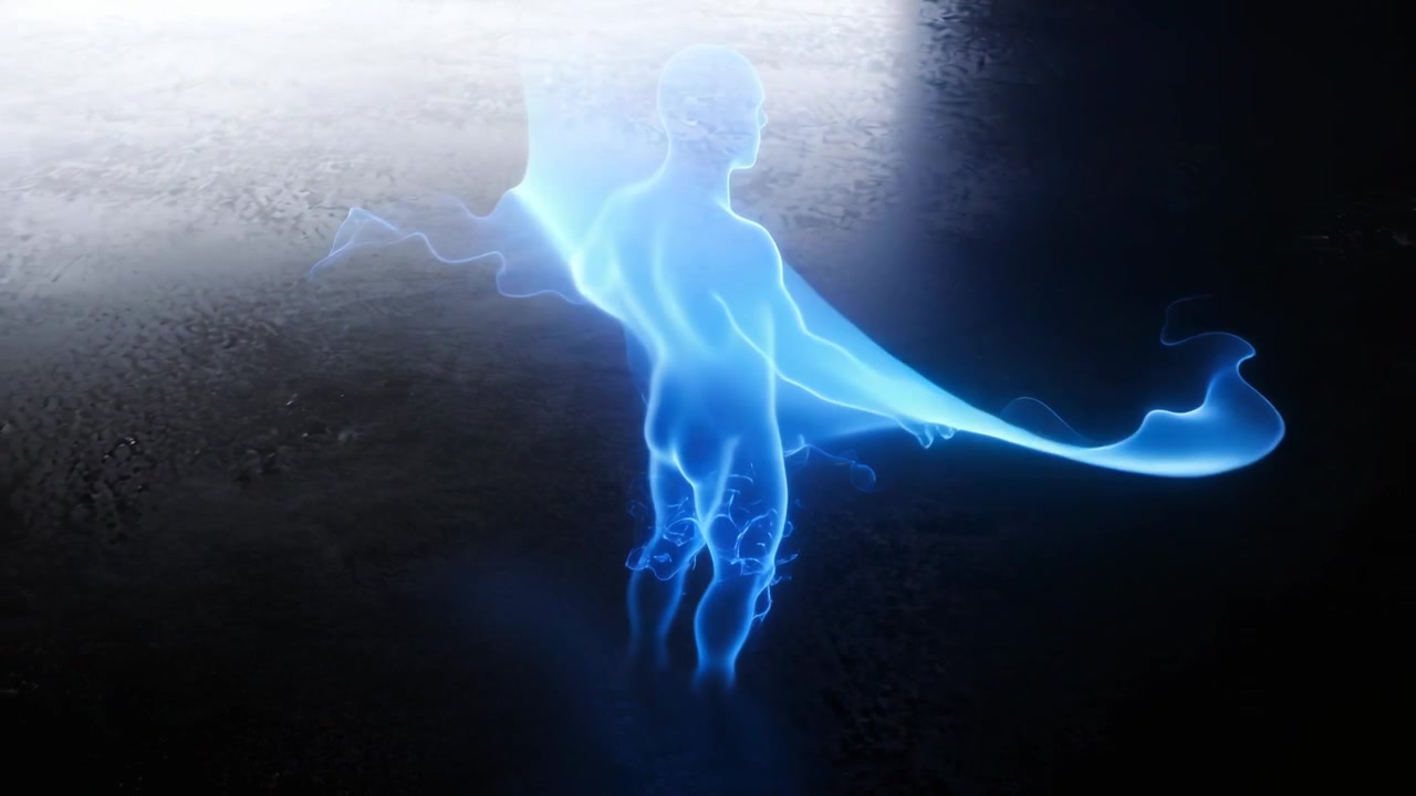 Curving blue ribbon pinching spot, forming glowing figure with trailing cape on shiny floor