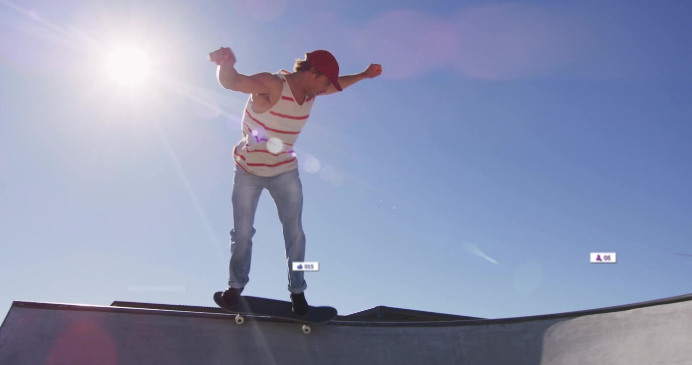 Skater che scende nella bowl, con badge UI che riempiono il cielo fluttuando intorno, eseguendo un grind sul bordo per i social media.