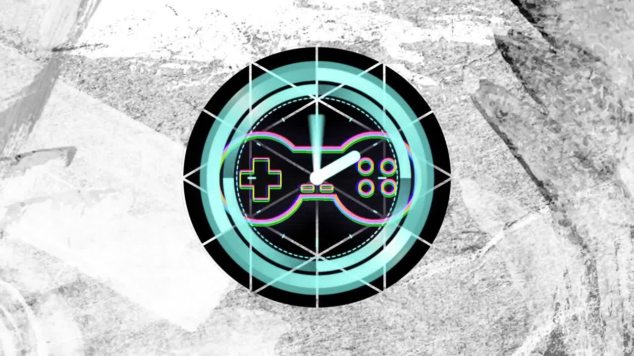 animación del icono del gamepad y el reloj en movimiento sobre formas sobre fondo blanco.