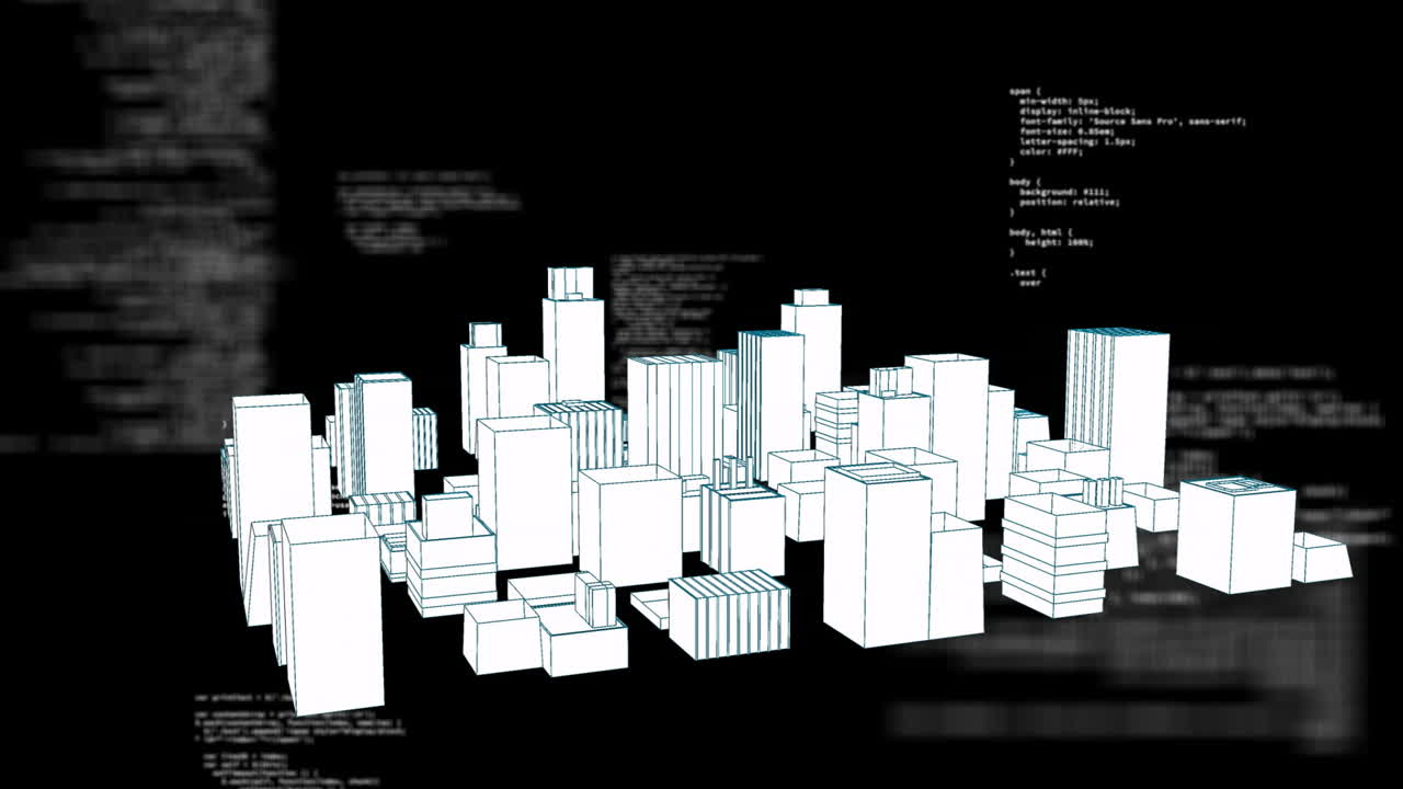 3D cityscape animation with programming code overlay on black background