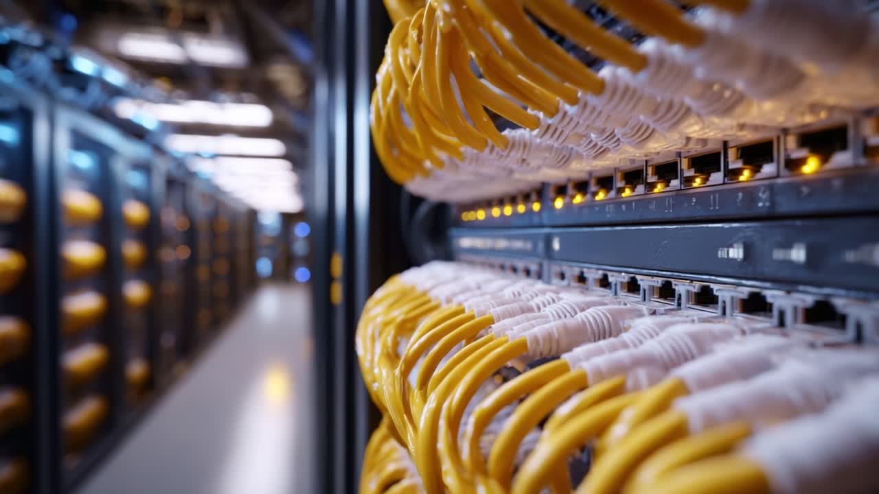 A Close-Up View of Server Room Connectivity: Yellow Network Cables and Connecting Hubs Highlighting Data Infrastructure Technology in a Modern Data Center