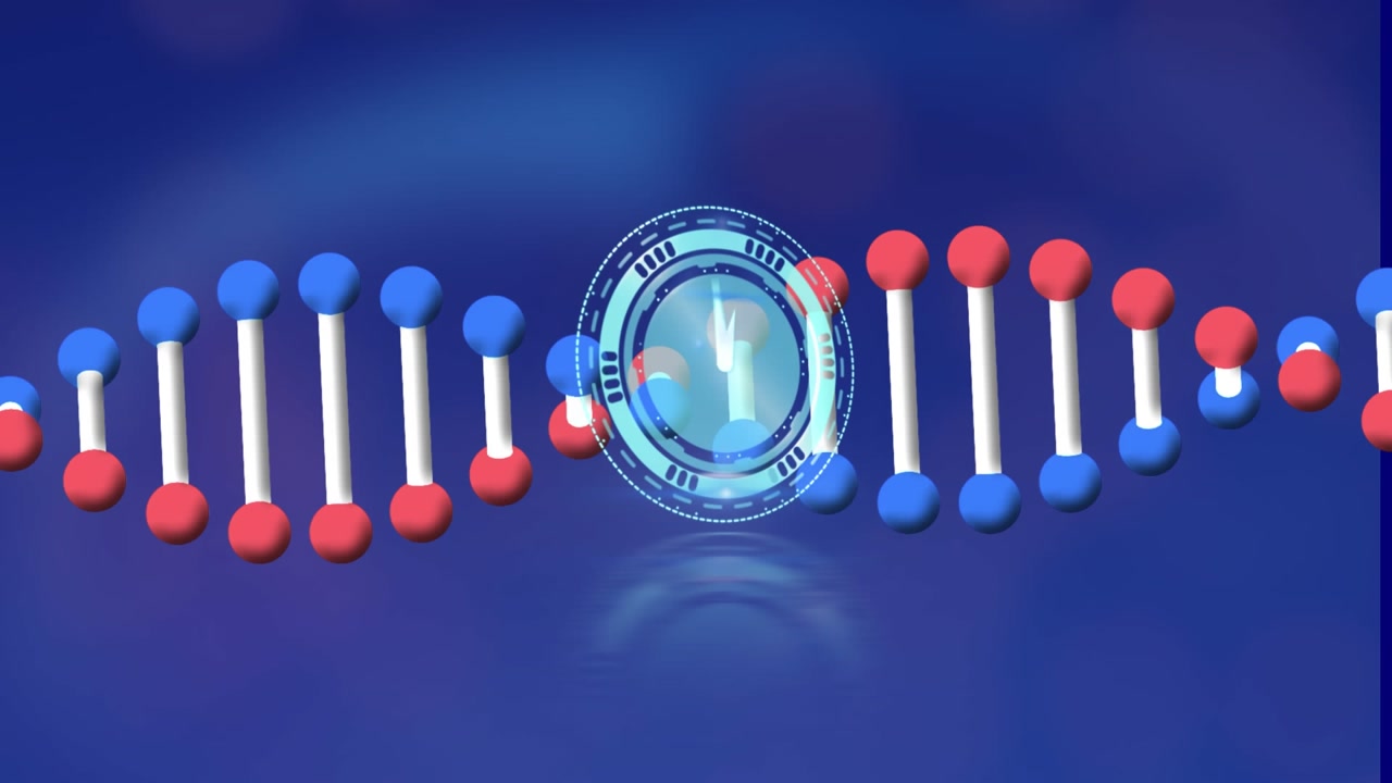 Animation of dna structure spinning over neon ticking clock against blue background