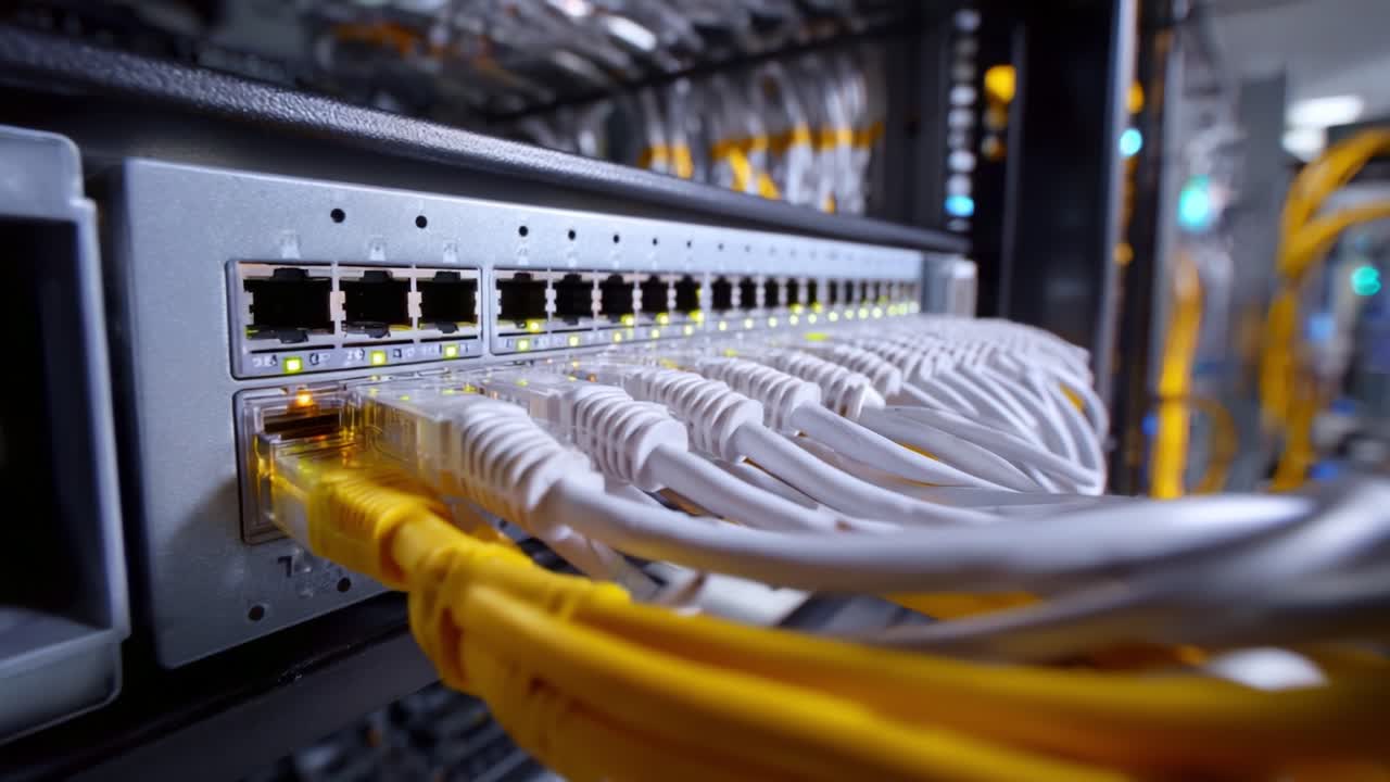 Detailed View of High-Performance Network Switch with Multiple Ethernet Cables Connected for Enhanced Data Transmission and Connectivity in a Modern Data Center