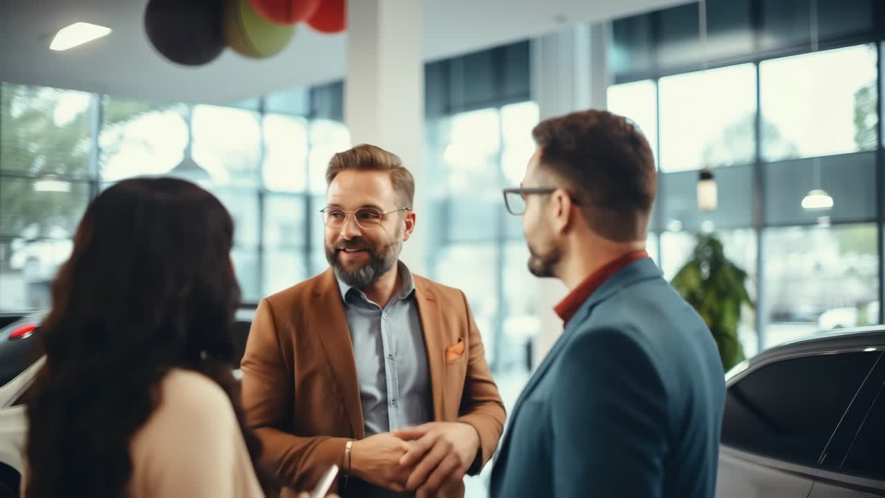 Et dynamisk videobillede, der viser en midt-engel af tre professionelle i et moderne bilshowroom