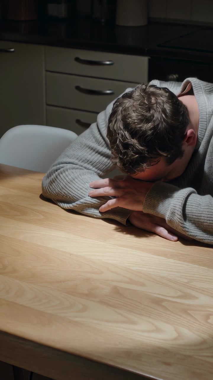 Video verticale: Appoggiando gli avambracci sul tavolo della cucina, un uomo con un maglione grigio tiene la testa bassa in cerca di riposo