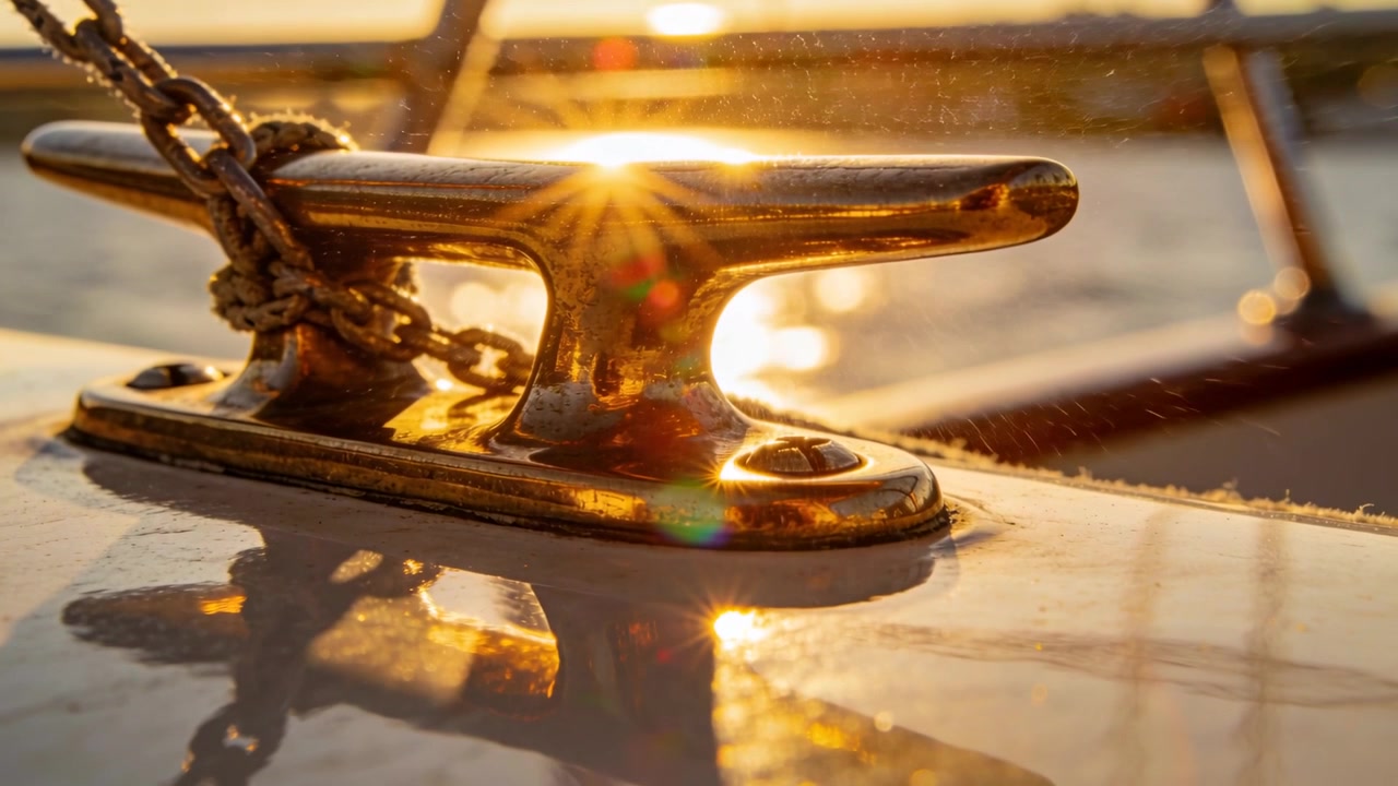 Il sole basso che si sposta produce un riflesso mobile su una bitta di metallo lucido sul ponte di prua, con catena e corda.