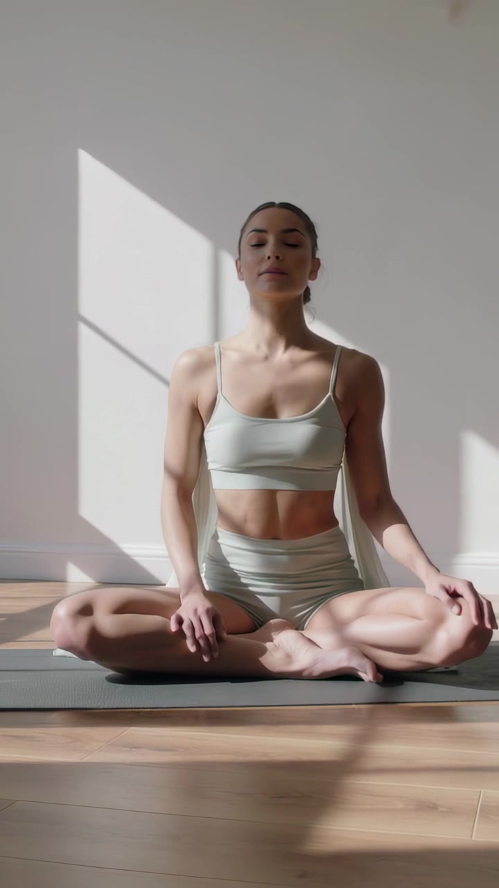 Vídeo vertical: Sessão começando, mulher respirando para se acalmar no tapete de yoga, com roupa esportiva verde-claro