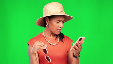 Green-screen,-phone-and-woman-with-scam