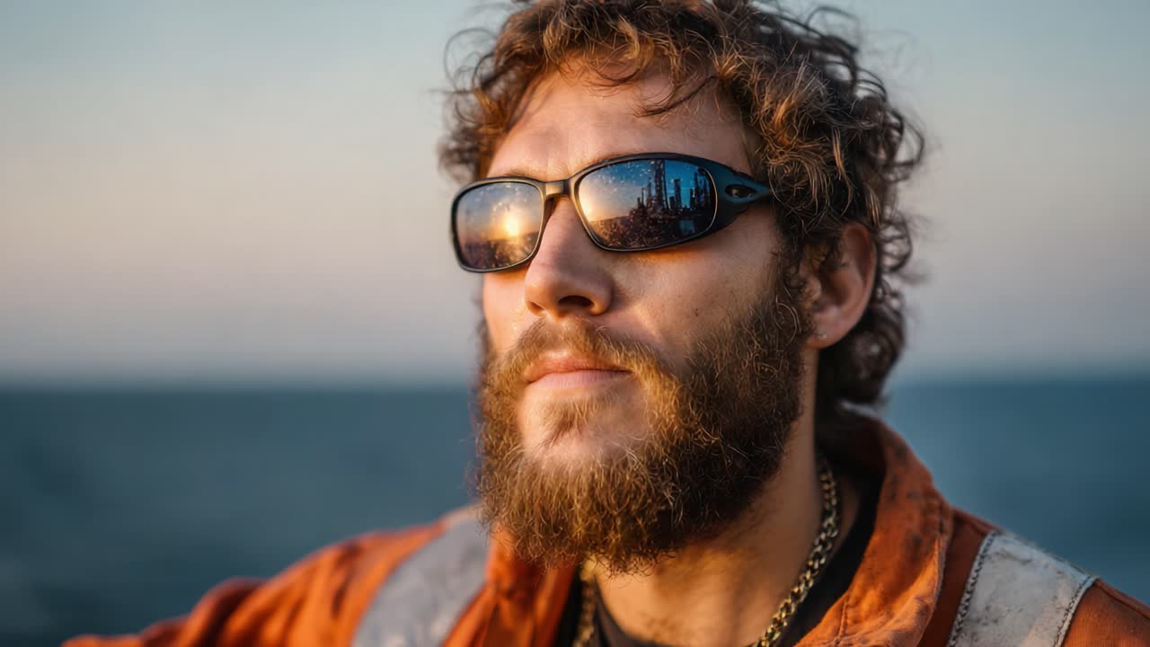 A determined individual gazes into the distance, reflecting on a serene seascape while wearing sunglasses that capture the beauty of the sunset and ocean in a moment of introspection