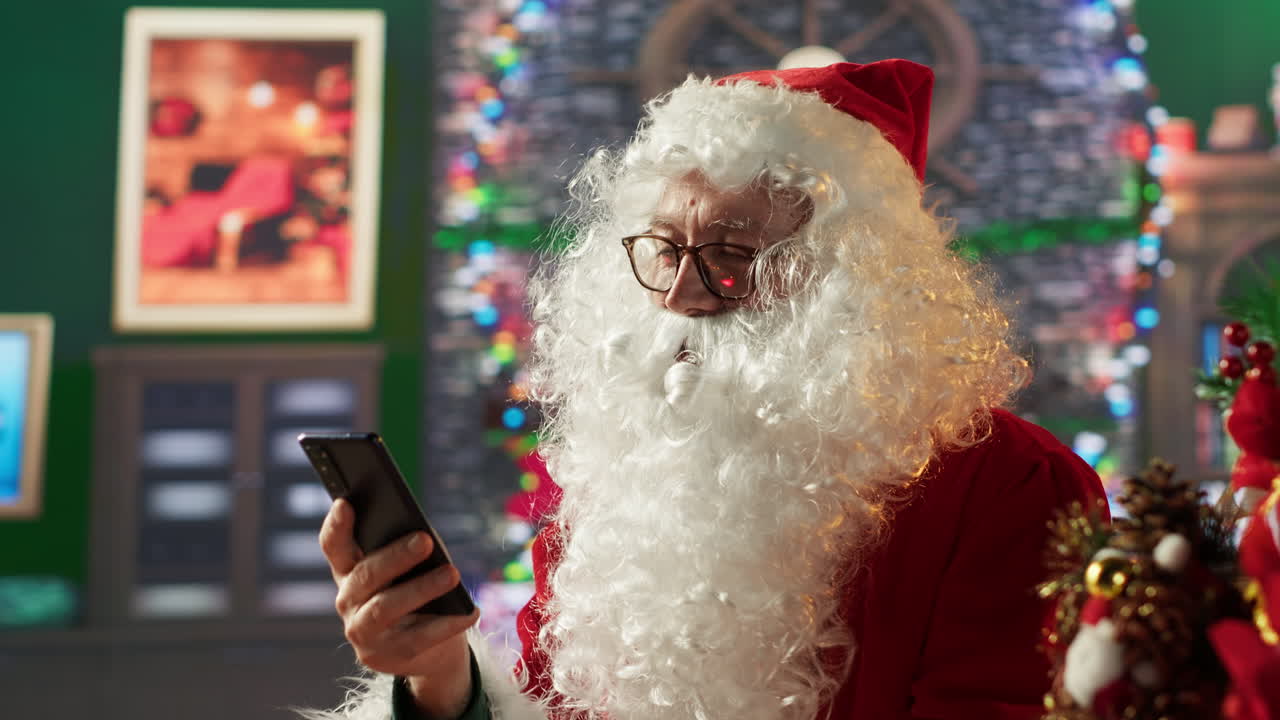 Santa Claus using smartphone at Christmas
