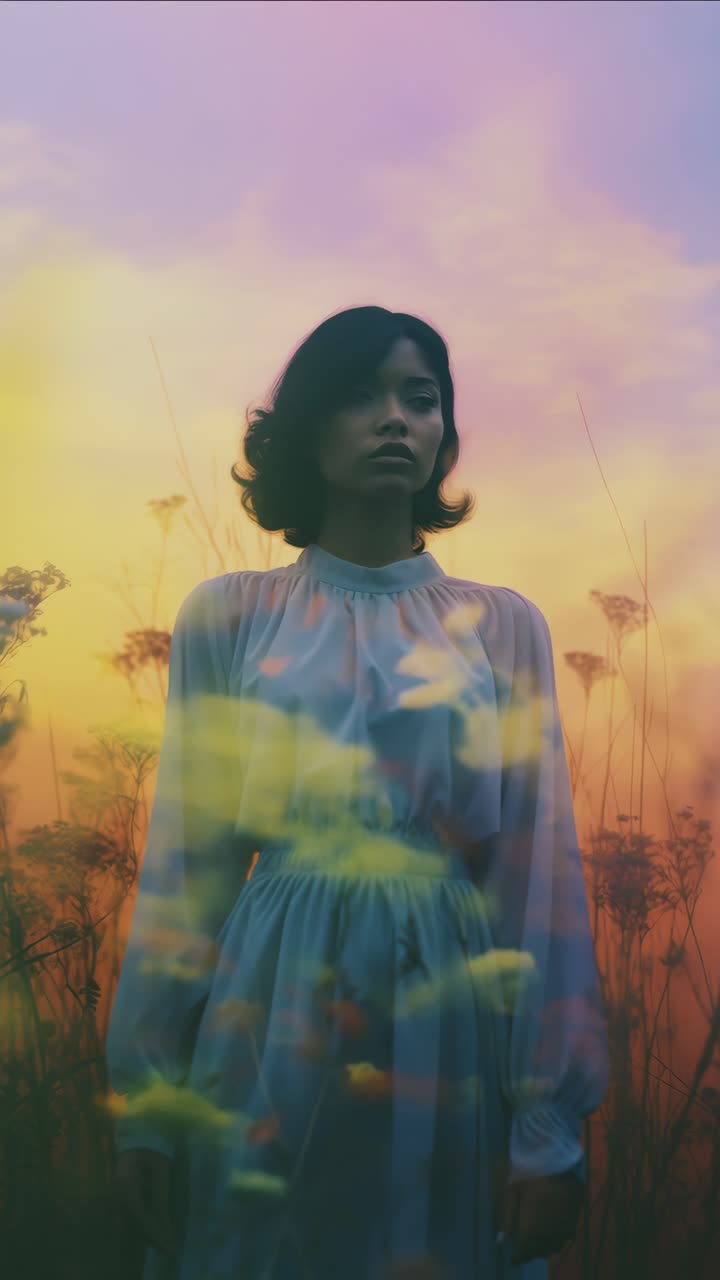 Un ritratto etereo e sognante di una donna in un campo al tramonto. L'angolo basso cattura un effetto cinematografico