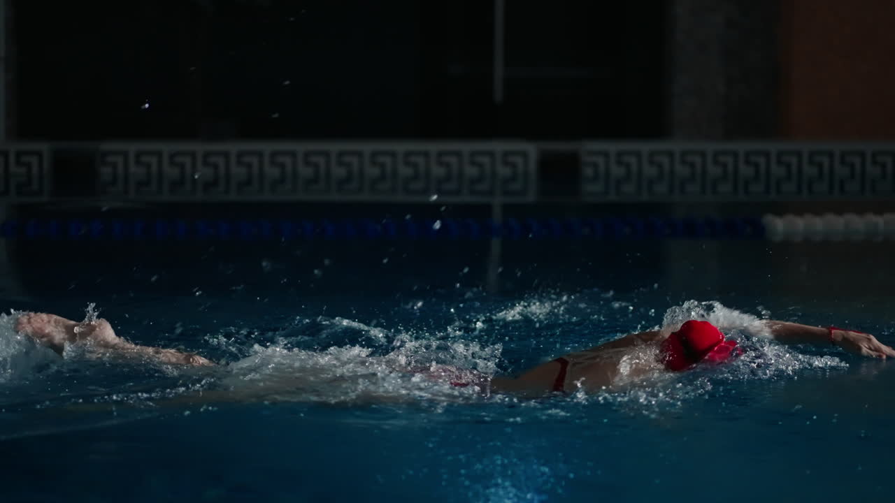 Woman swimming freestyle in a pool