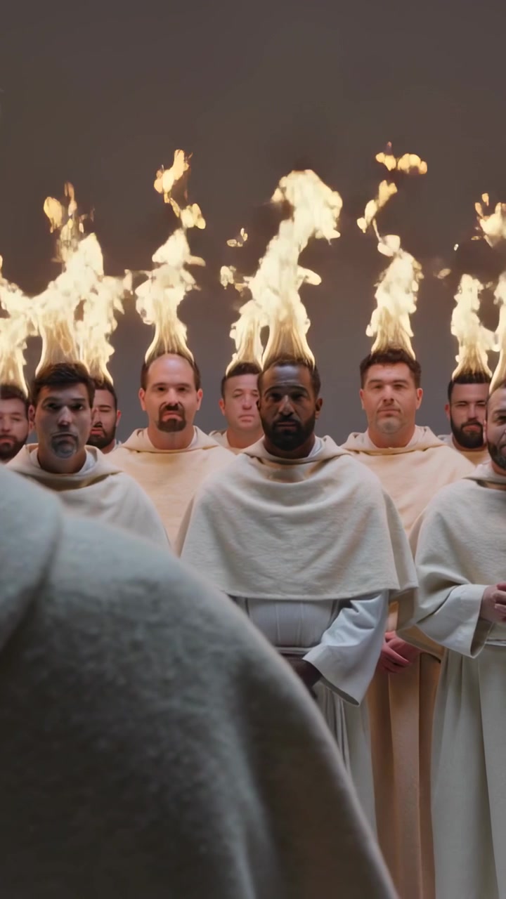 Vertical video: Appearing flames, robed men standing in studio, cream robes, performing ritual